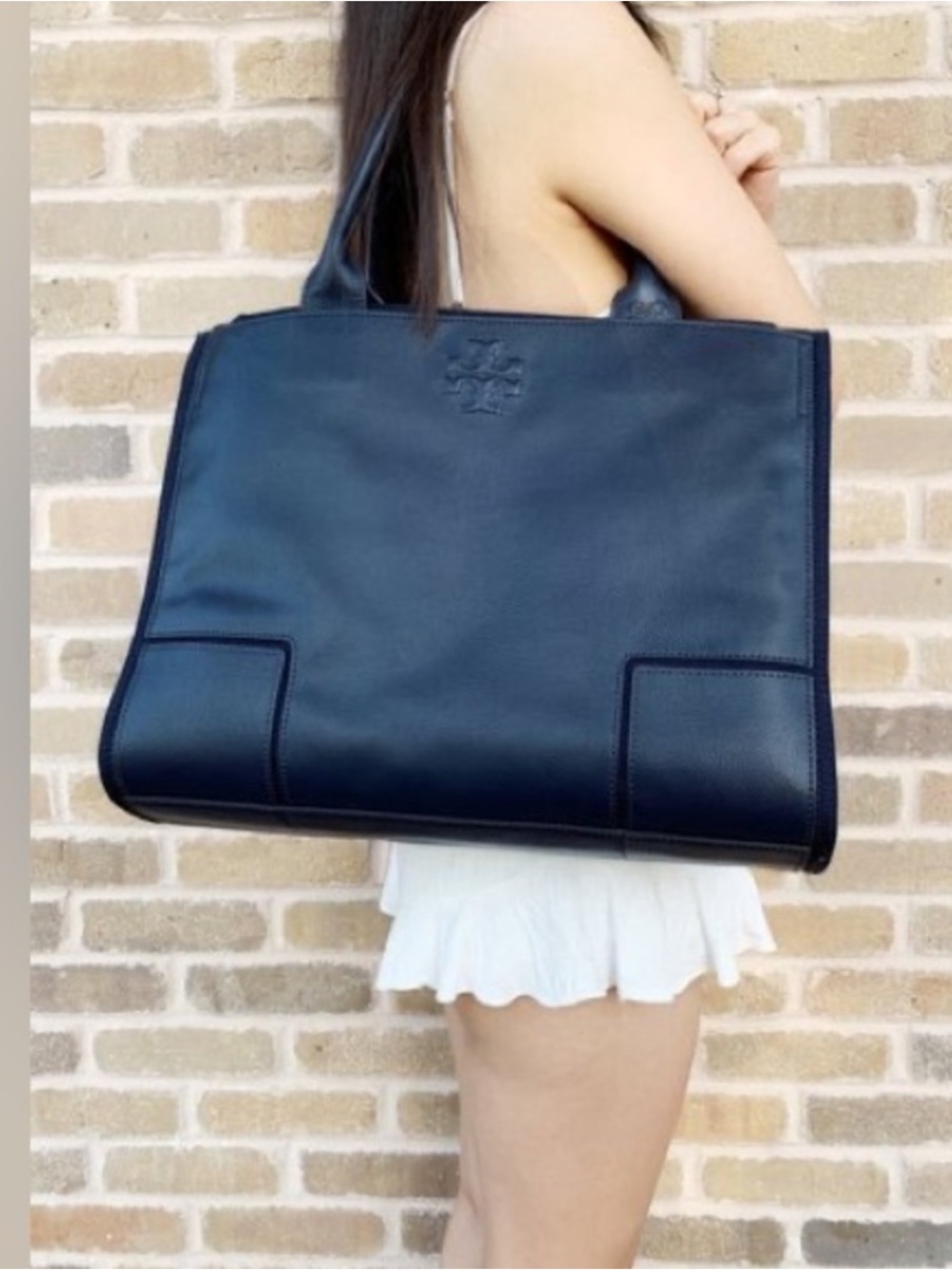 Tory Burch Ella Leather Canvas Large Tote Bag Navy Blue - Picture 2 of 16